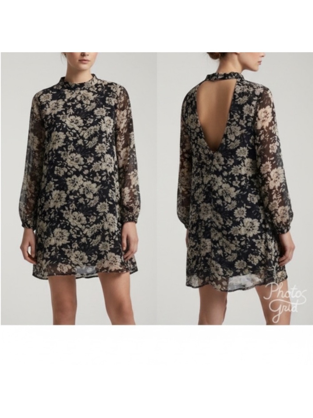Astr Black Floral Long-Sleeve Mini Dress with Open Back